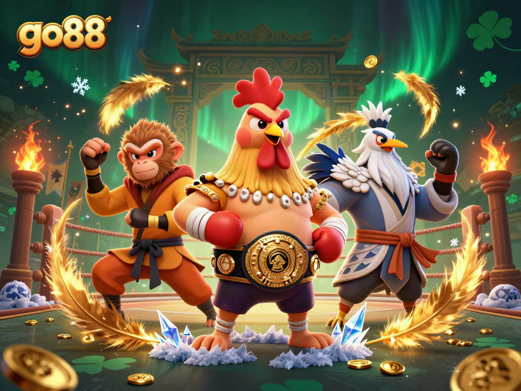 Experience the excitement of go88 with a Muay Thai rooster and a Shaolin monkey in a vibrant casino setting.
