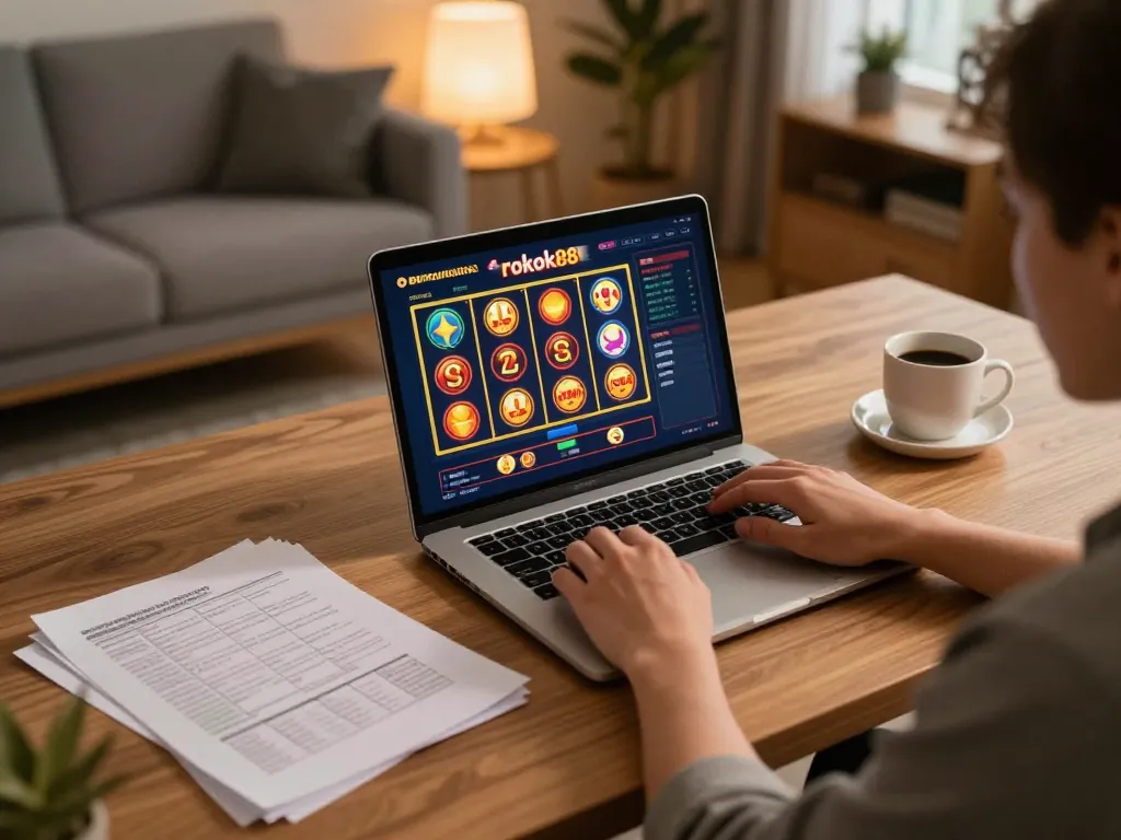 Engaging with rokok88 slot on a laptop, showcasing a cozy online gambling experience at home, emphasizing strategy and comfort.