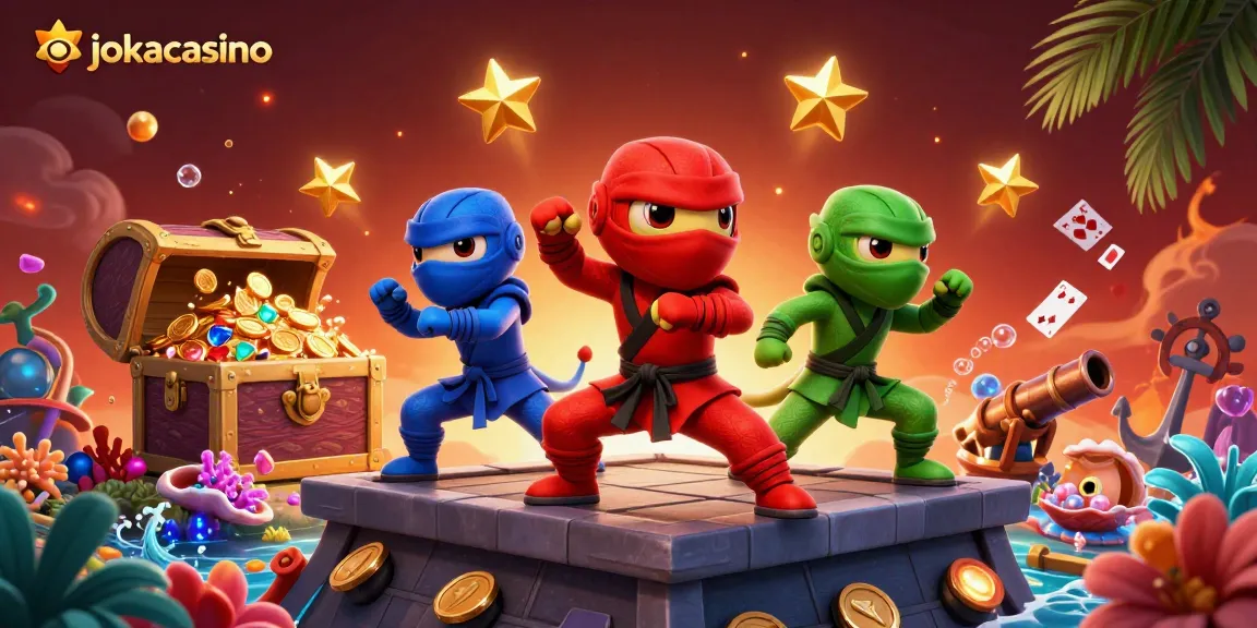 Experience the fun at jokacasino with dynamic ninja chameleons in a vibrant casino scene full of action.