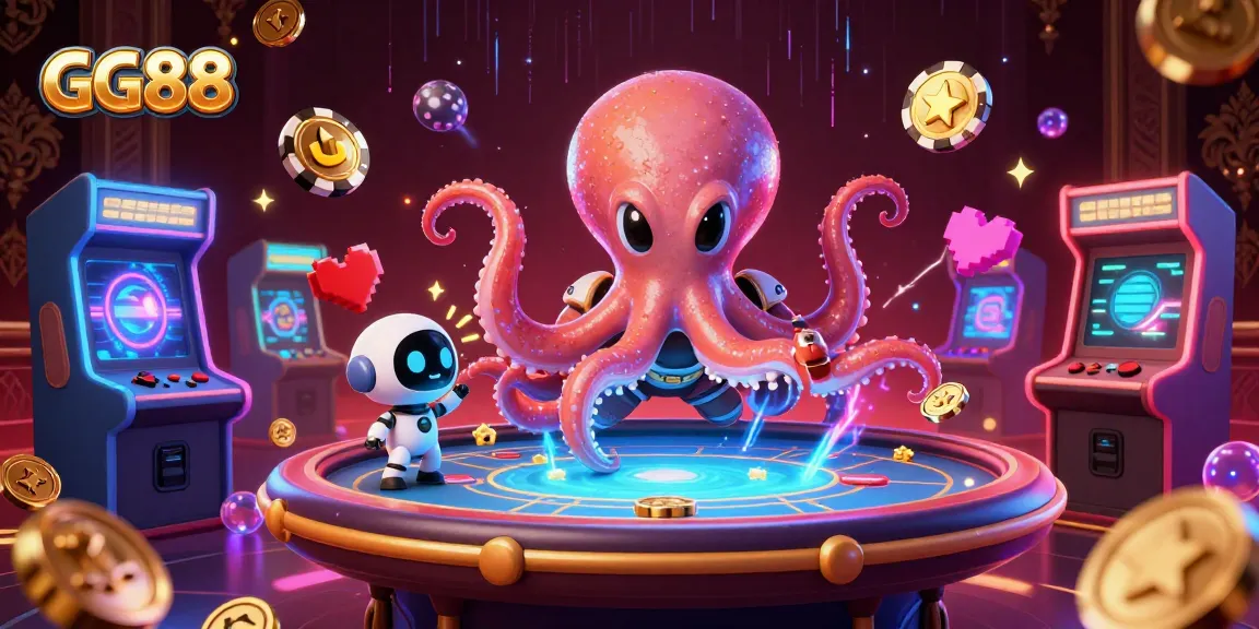 Join the exciting GG88 gaming experience with a vibrant 3D scene featuring an alien octopus and poker action.