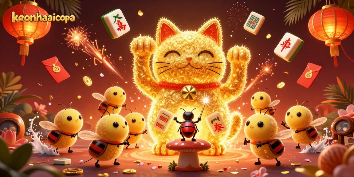 Engage with keonhacaicopa as a playful giant lucky cat leads vibrant casino symbols in a dynamic 3D scene.