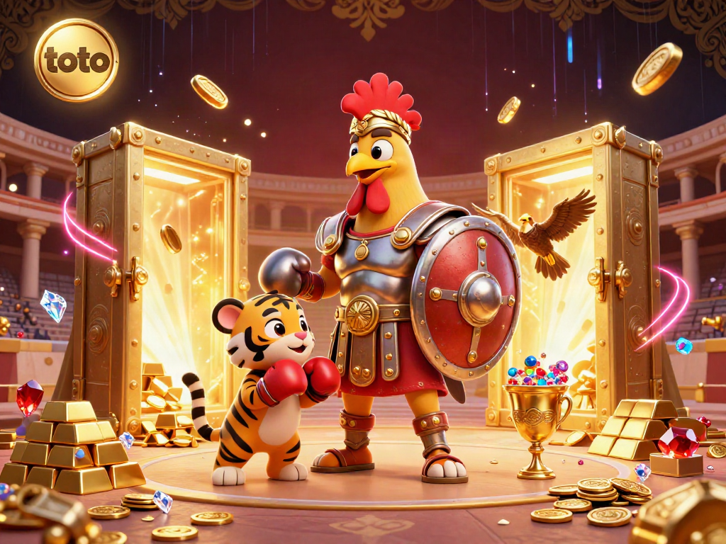 Join the thrilling action as a 3D rooster gladiator faces challenges in the vibrant toto casino.