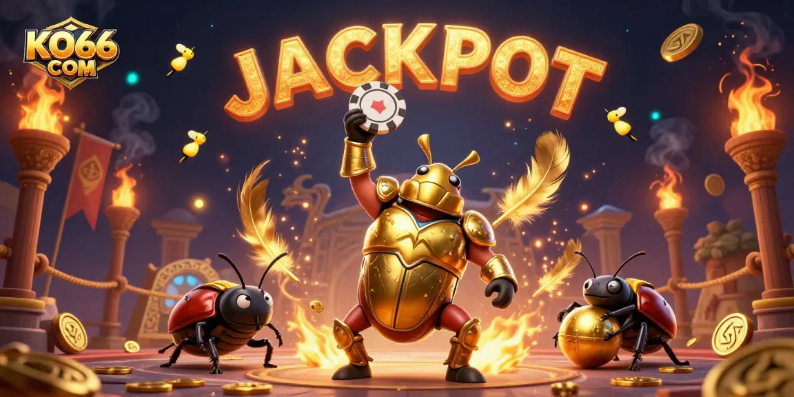 Exciting KO66 COM casino scene with hercules beetle champion and golden treasures illustrating jackpot thrills.