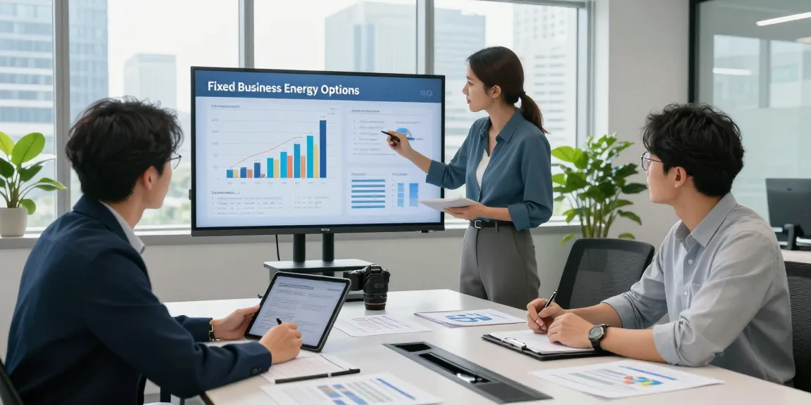 Team collaborating on fixed business energy solutions in a modern office setting, analyzing cost savings and data together.