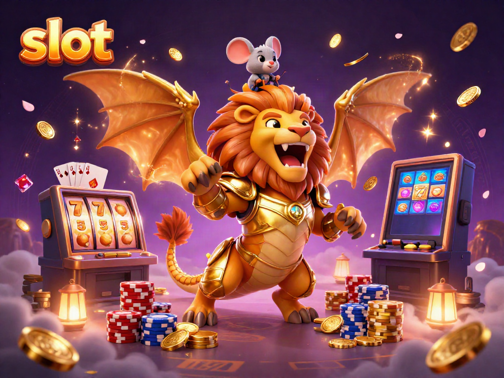 Spin the slot machine featuring a chimera creature and lucky symbols for exciting wins.
