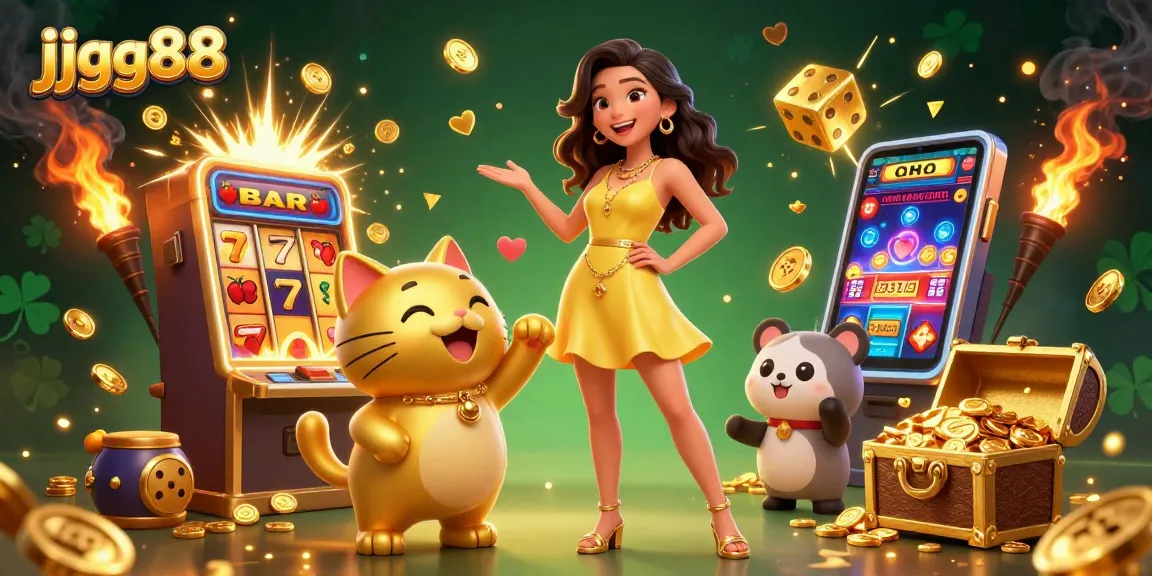 jjgg88 offers thrilling slots and interactive gameplay featuring a lucky cat and vibrant casino elements