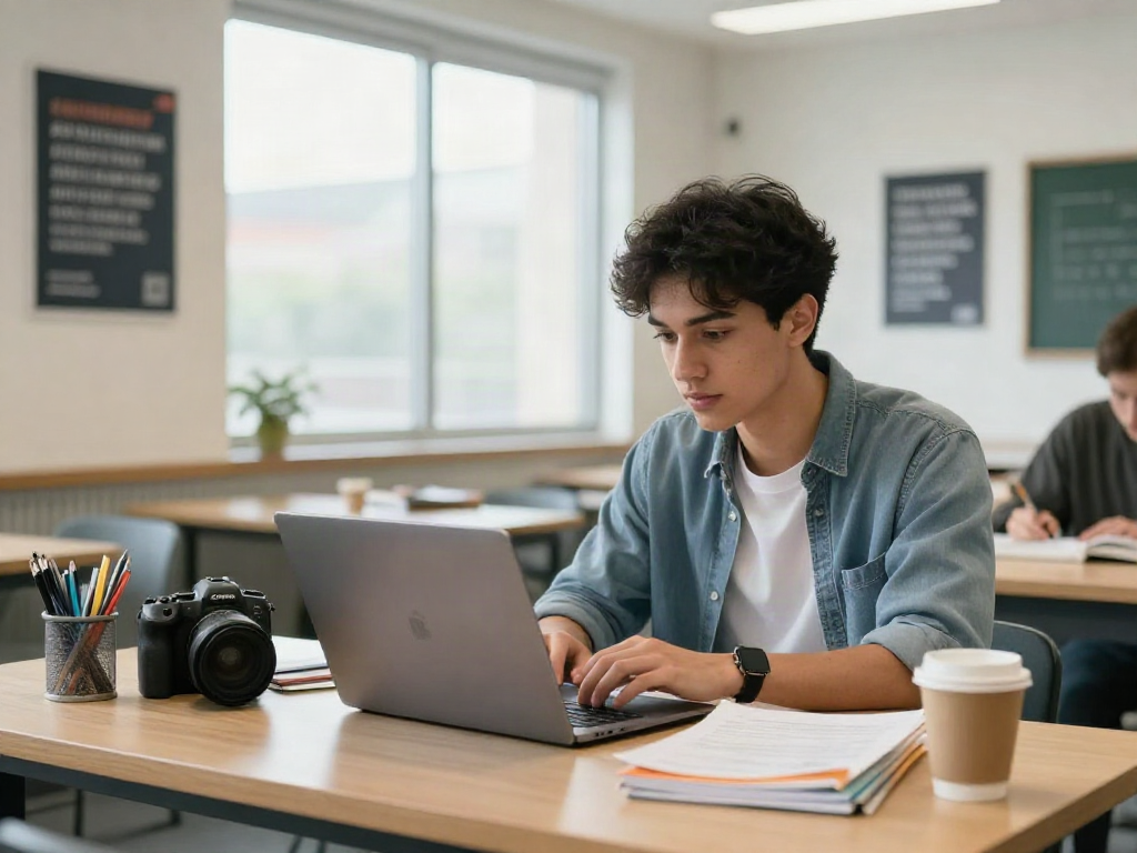 Student die diploma kopen HBO onderzoekt met laptop en boeken in moderne studieruimte.