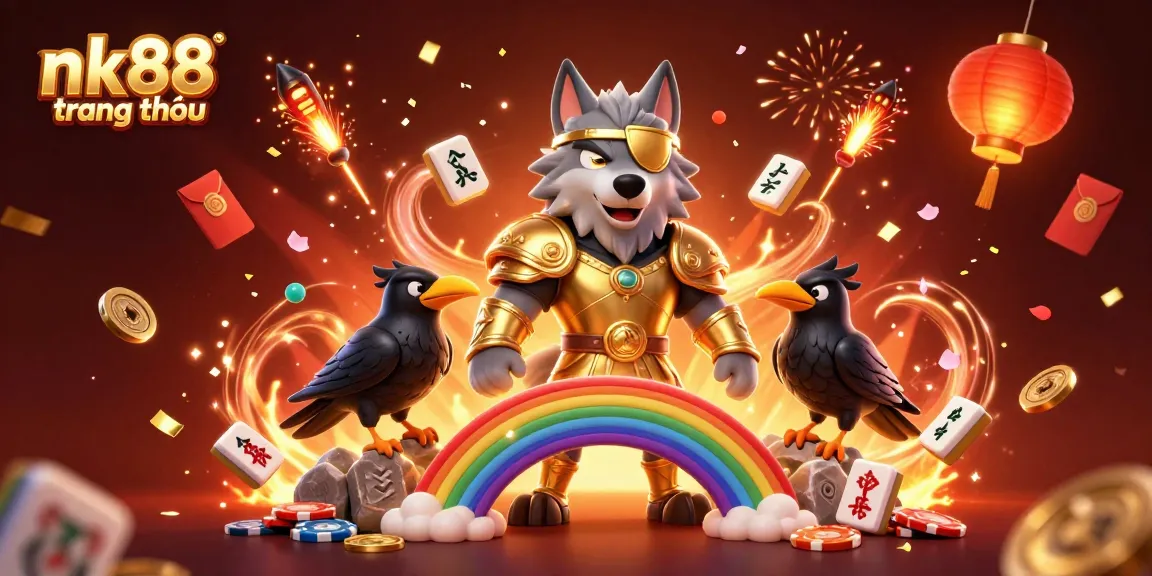 Immerse in the nk88 trang chủ experience with Odin and ravens on a vibrant casino-themed rainbow bridge.