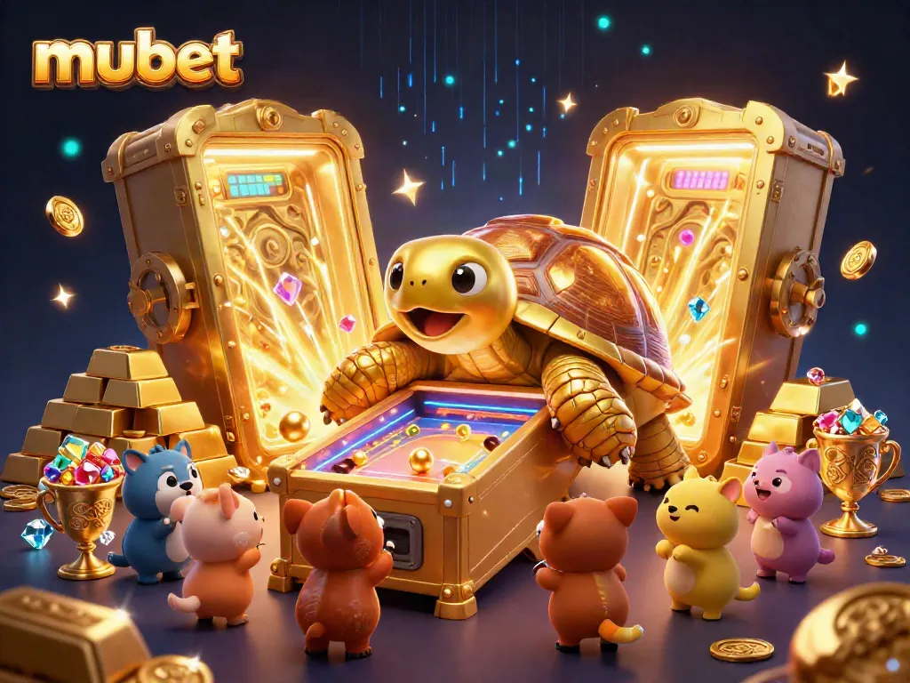 Experience thrilling wins at mubet with a fun, lively casino scene featuring a lively pinball machine tortoise and treasure.