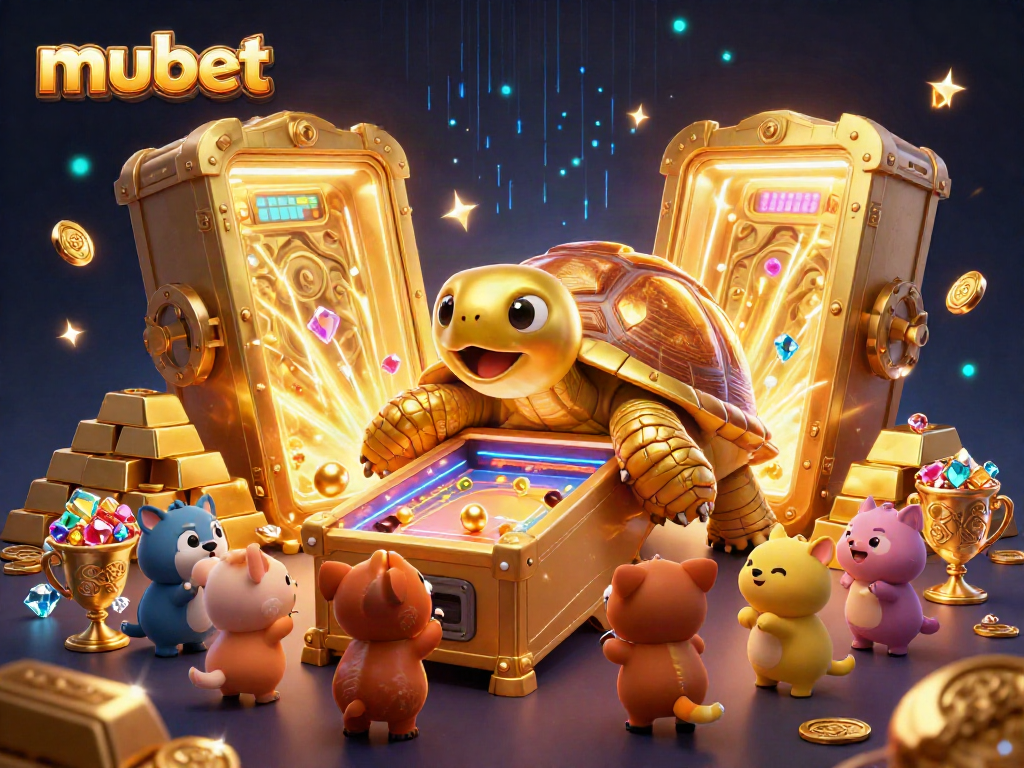 Experience thrilling wins at mubet with a fun, lively casino scene featuring a lively pinball machine tortoise and treasure.