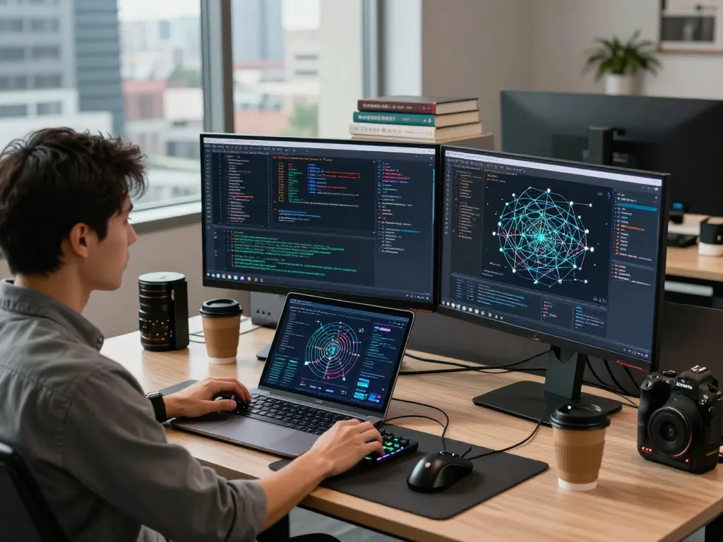快连 network solutions showcased in a modern tech workspace with dual monitors and AI routing analytics.