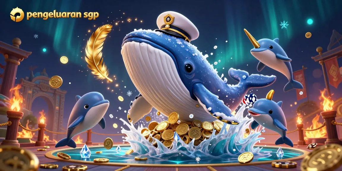 Engaging pengeluaran sgp visual with a 3D whale, narwhal, and dolphins amidst coins and casino elements.