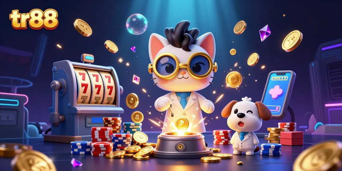 tr88-themed casino scene showcasing a mad scientist cat creating gold coins with fireworks and slot machines.