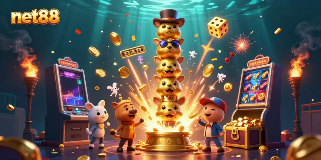 Experience excitement at net88 with a dynamic golden totem and colorful jackpot scene.