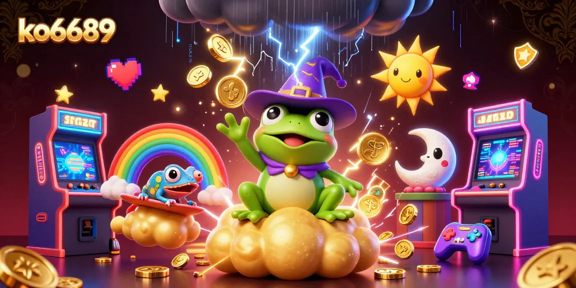 Play exciting games at ko6689 while witnessing a whimsical scene of frogs and chameleons amidst golden coins.
