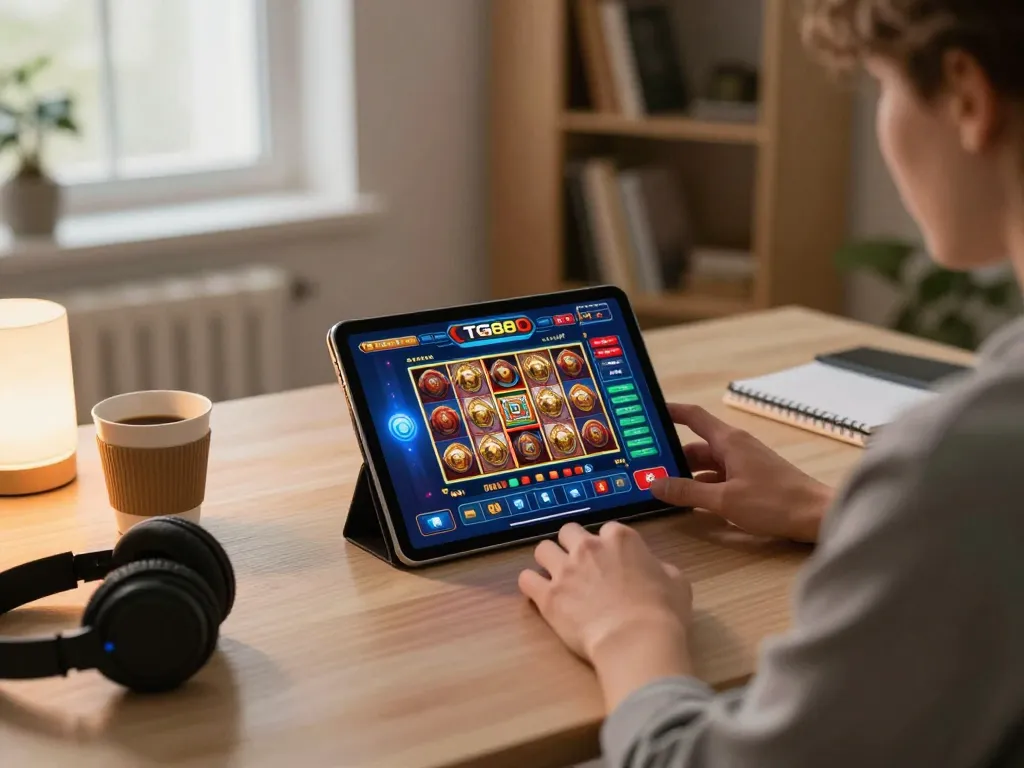 TG88 online gaming experience with a player engaged in a tablet casino app in a cozy setting