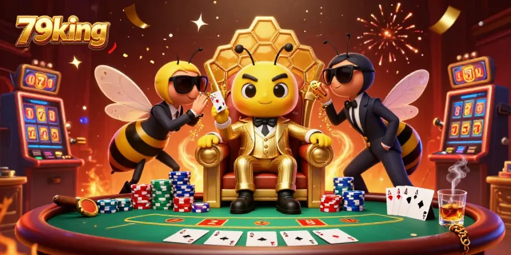 Experience the vibrant excitement of 79king with a bumblebee mob boss at a poker table, surrounded by games and celebrations.