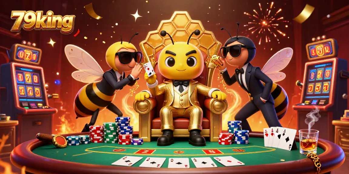Experience the vibrant excitement of 79king with a bumblebee mob boss at a poker table, surrounded by games and celebrations.