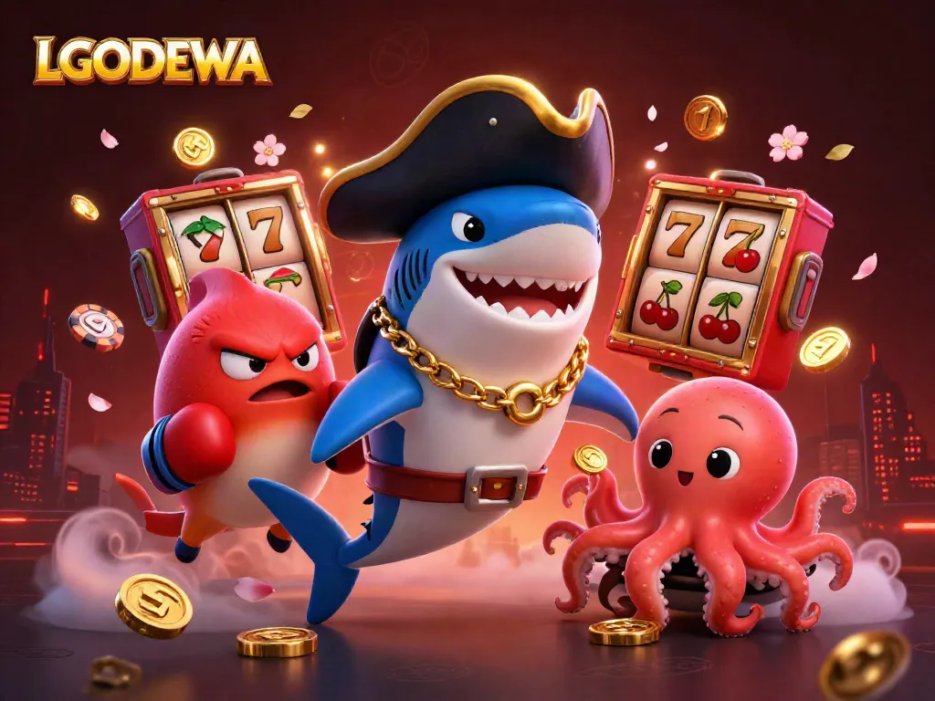 Spin reels with LGODEWA's exciting pirate-themed scene featuring a shark, pufferfish, and octopus.