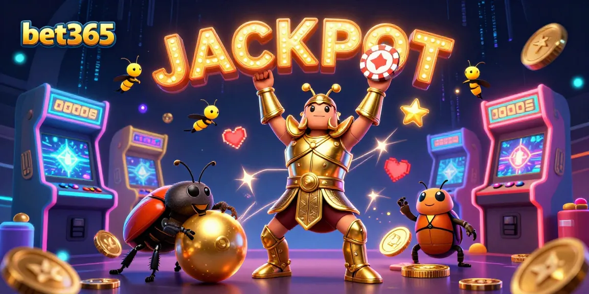 Engage with bet365's dynamic gaming scene featuring a beetle champion lifting a poker chip.