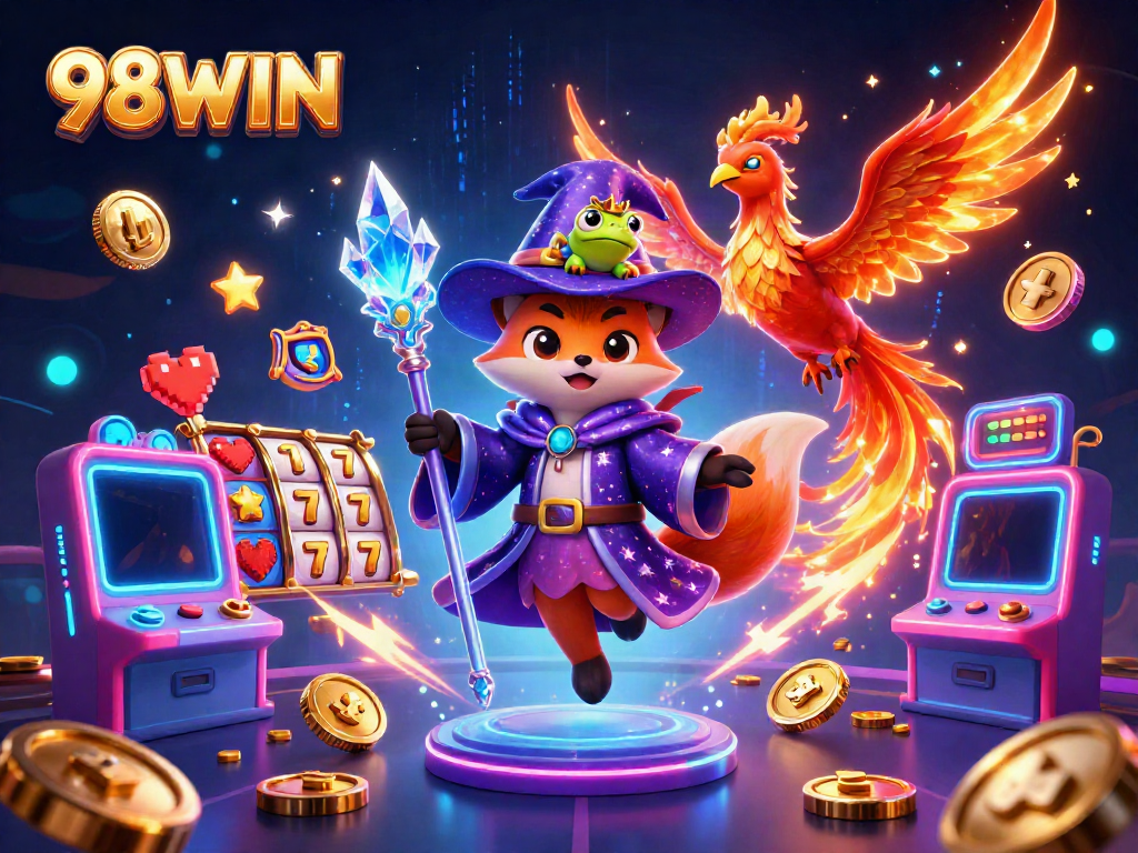 Engage with the magical realm of 98WIN, featuring a mystical wizard fox and phoenix amidst vibrant casino game elements.