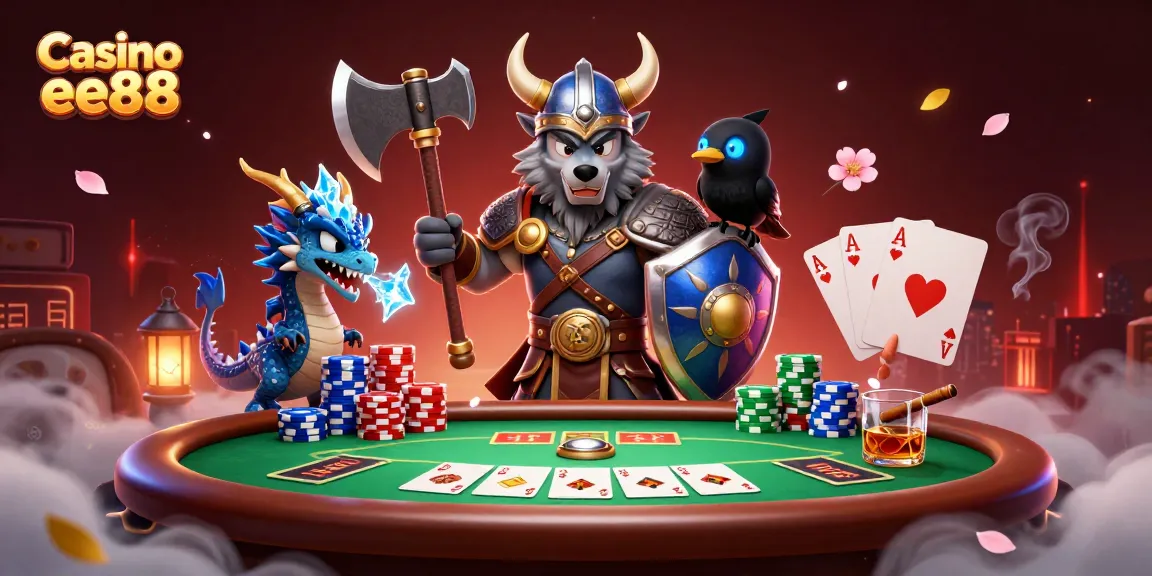 Experience Casino ee88 with epic battles between a Viking wolf warrior, dragon, and poker elements.