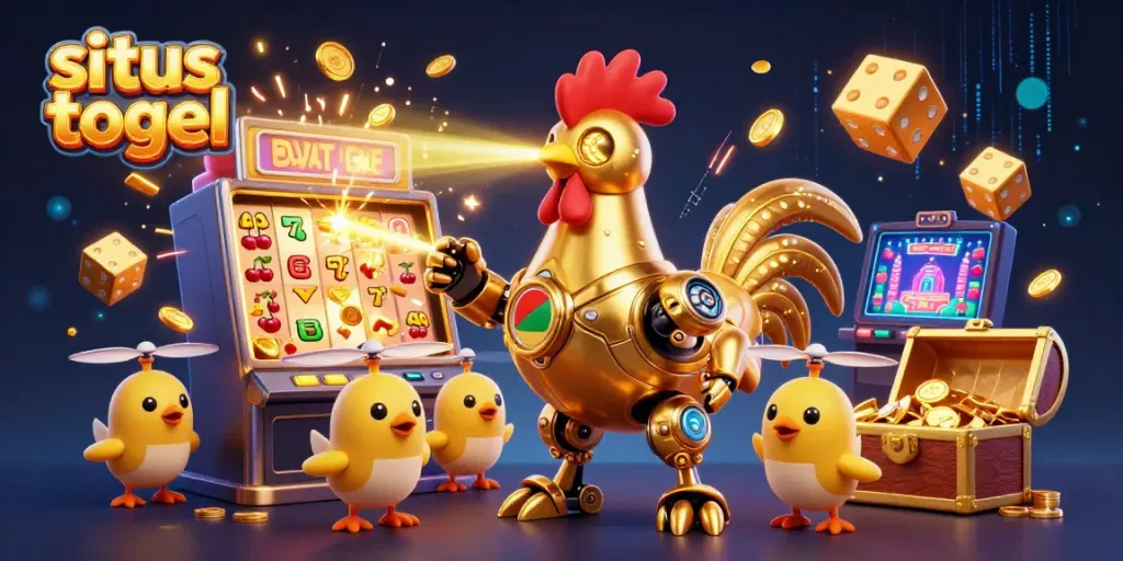 Experience situs togel excitement with a lavish golden rooster robot and lively chick drones amid a dynamic casino scene.