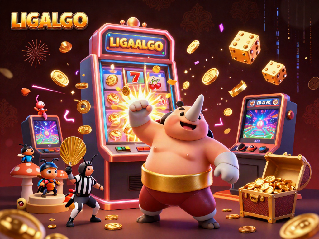 LIGALGO showcases a vibrant scene with a beetle sumo champion amidst dynamic casino elements and a jubilant crowd.