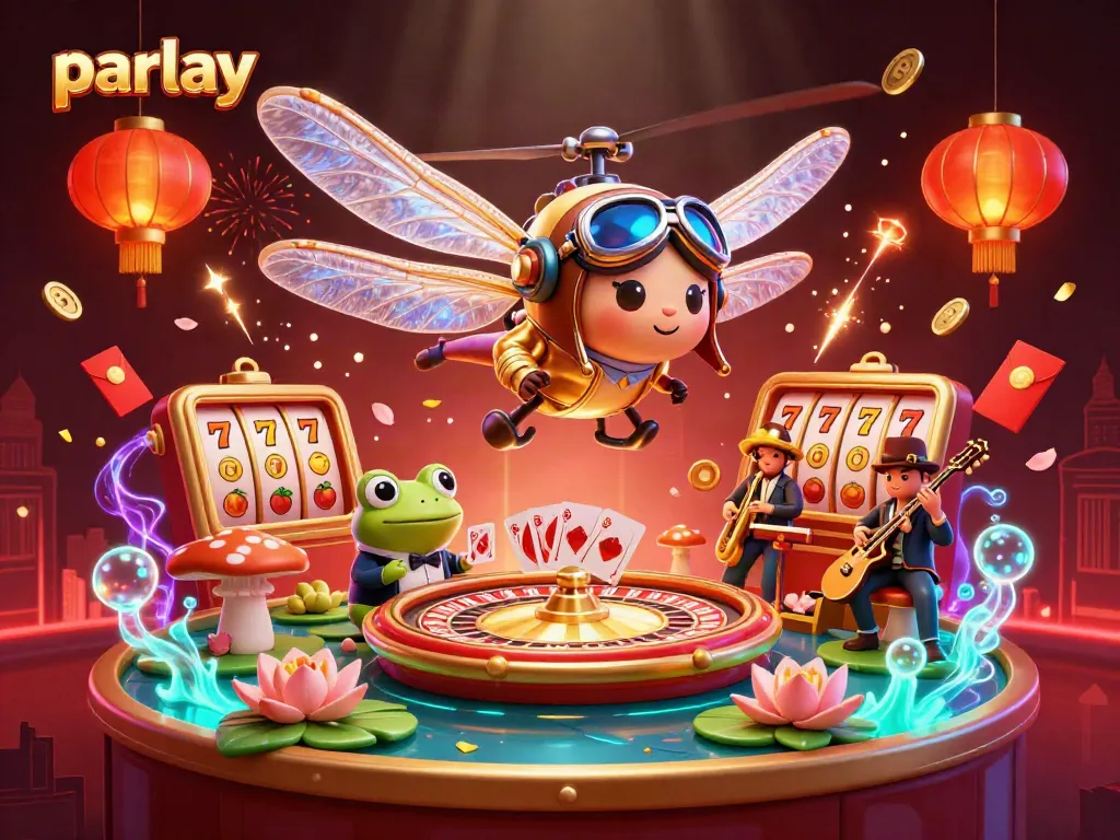 Engage in parlay betting with a vibrant 3D casino scene featuring a dragonfly pilot, frog croupier, and jazz-playing crickets.