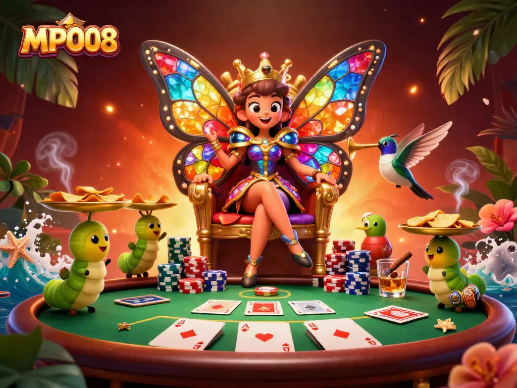 MPO08 engages players at the vibrant casino with a butterfly queen and colorful poker elements.