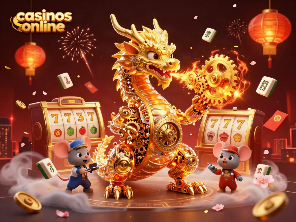 Juega en casinos online disfrutando de una escena mágica con dragones dorados y elementos de juego.
