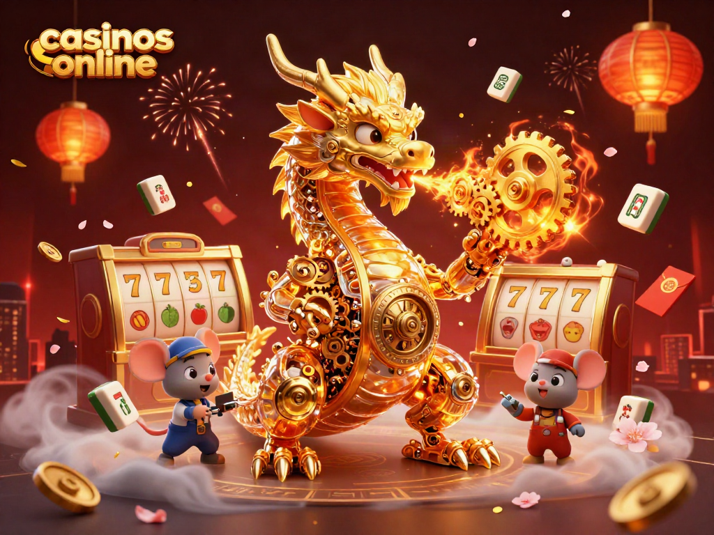 Juega en casinos online disfrutando de una escena mágica con dragones dorados y elementos de juego.