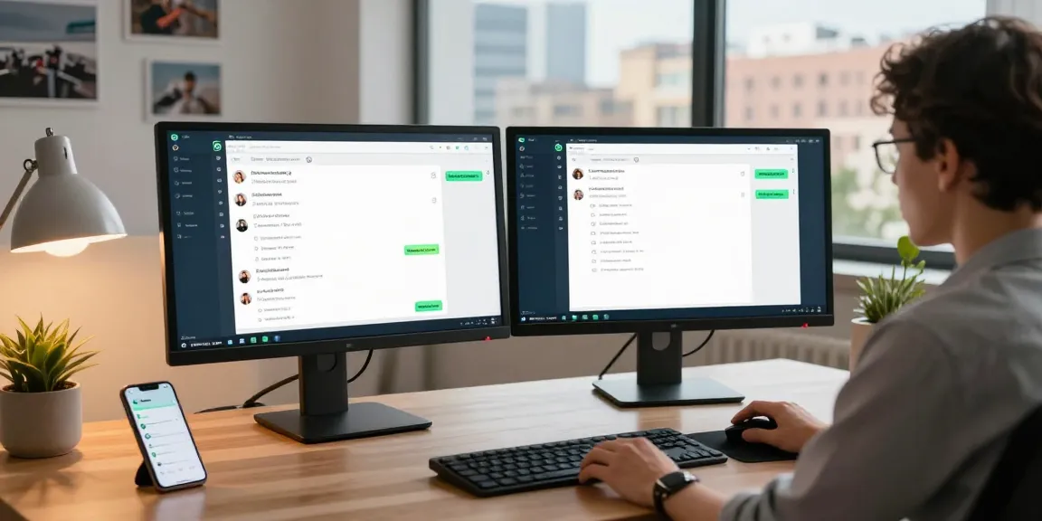 Using WhatsApp電腦版 on a desktop in a modern workspace with dual monitors.