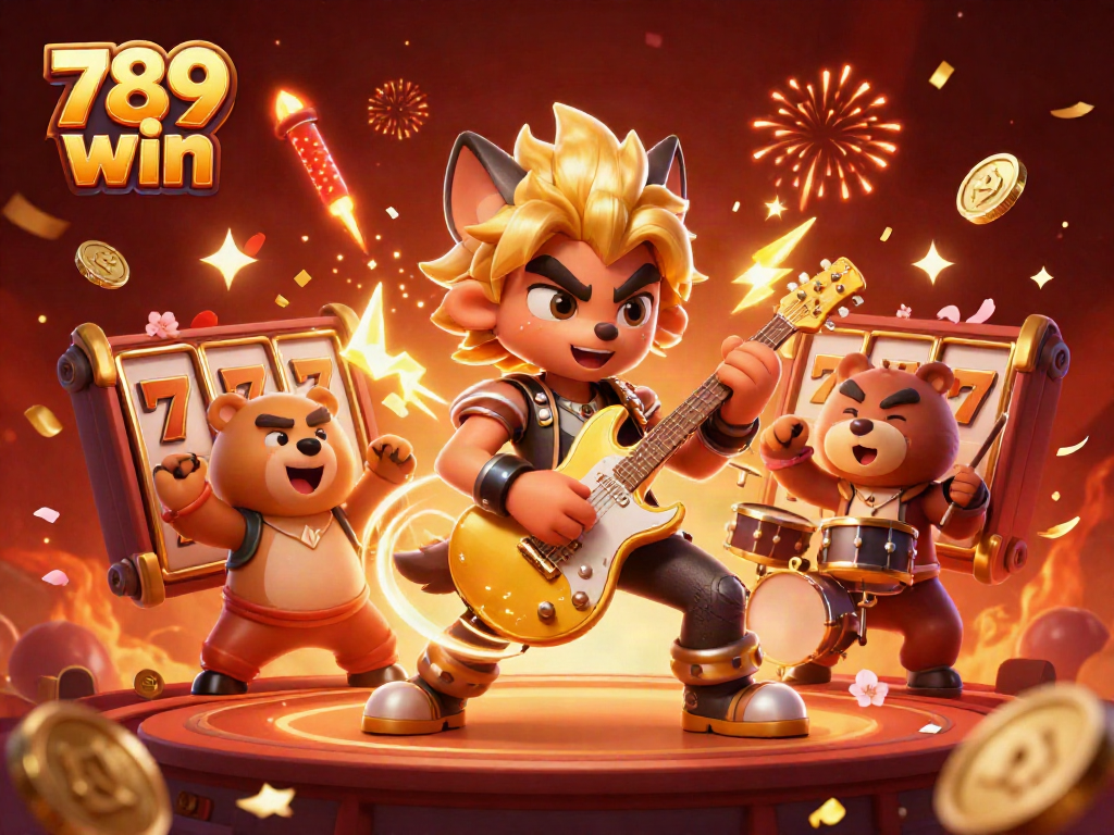 Join the excitement with 789 win as a rock star wolf shreds on a golden guitar amidst a vibrant casino scene.