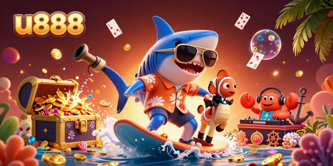 Experience u888's thrilling gaming atmosphere with a colorful 3D illustration featuring iconic casino characters.