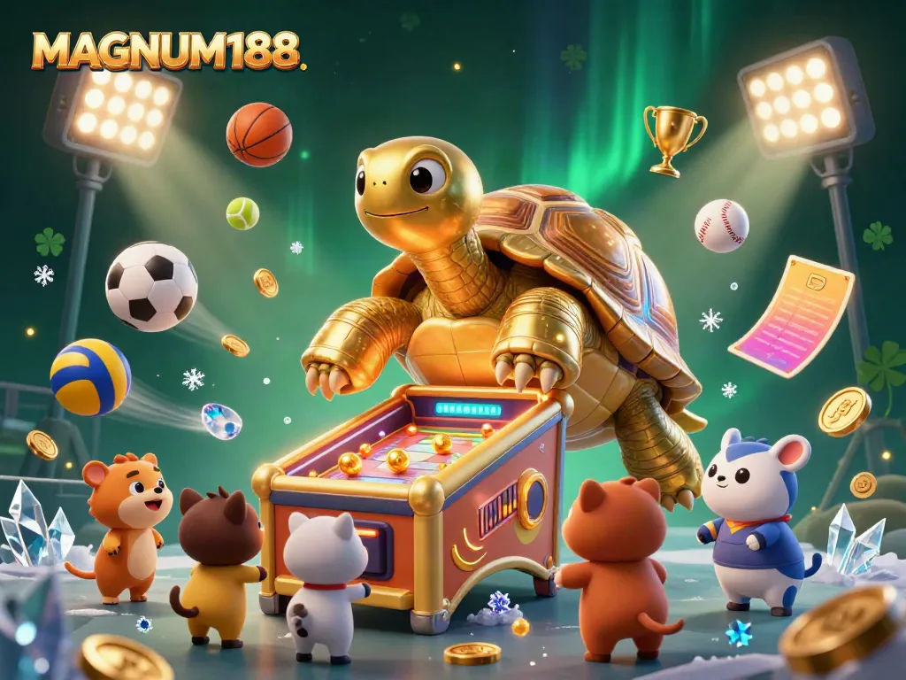 Experience gaming excitement at MAGNUM188 with a golden tortoise pinball machine surrounded by lively sports balls and trophies.