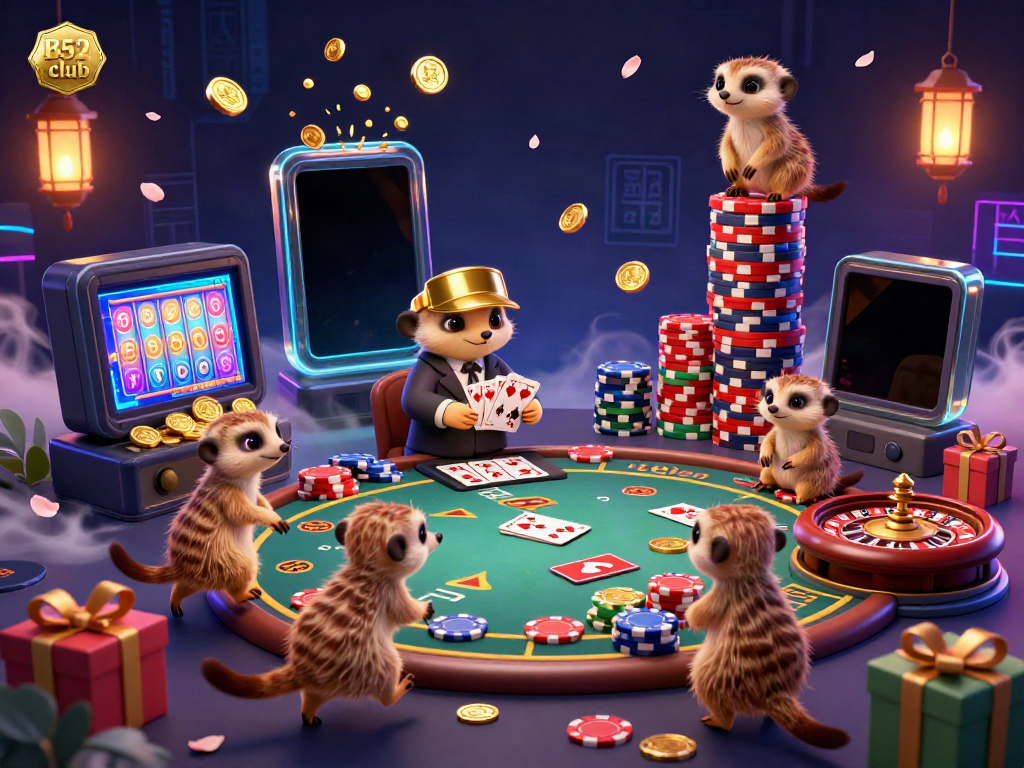 The B52 club showcases playful meerkats as casino dealers in a vibrant, action-packed illustration full of gaming elements.