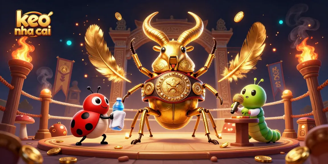 Engage in thrilling battles at keo nha cai with a cartoon beetle champion and colorful casino elements.