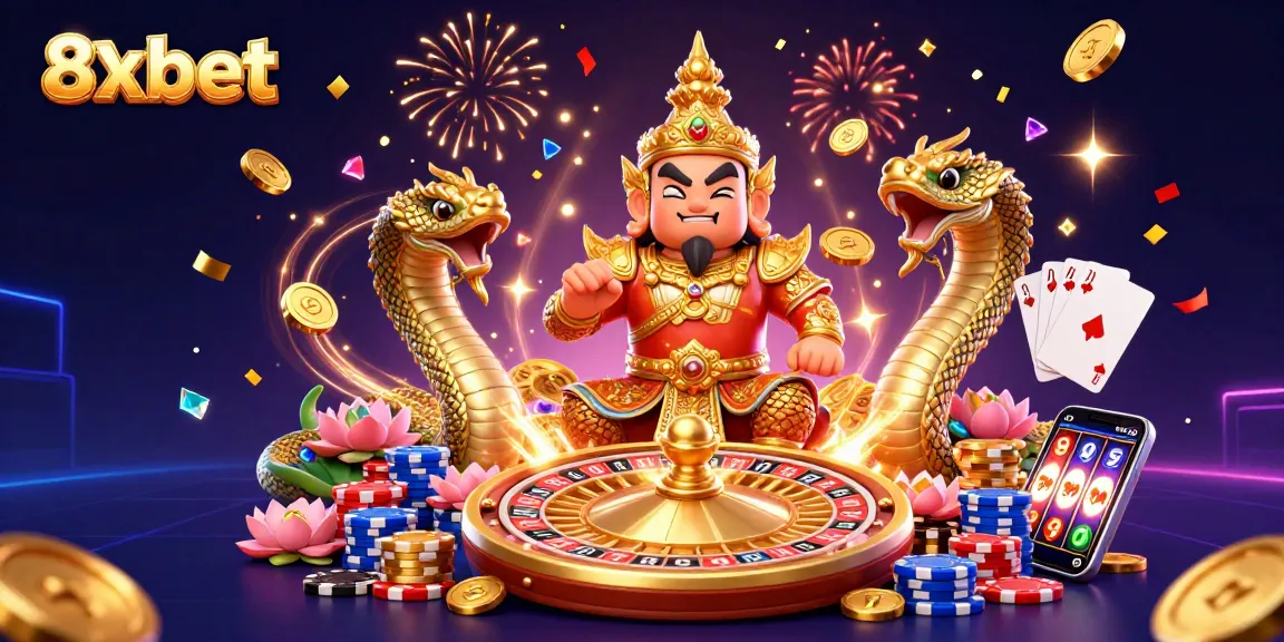 Experience thrilling gaming at 8xbet with a vibrant 3D illustration of guardians, games, and exciting jackpots.