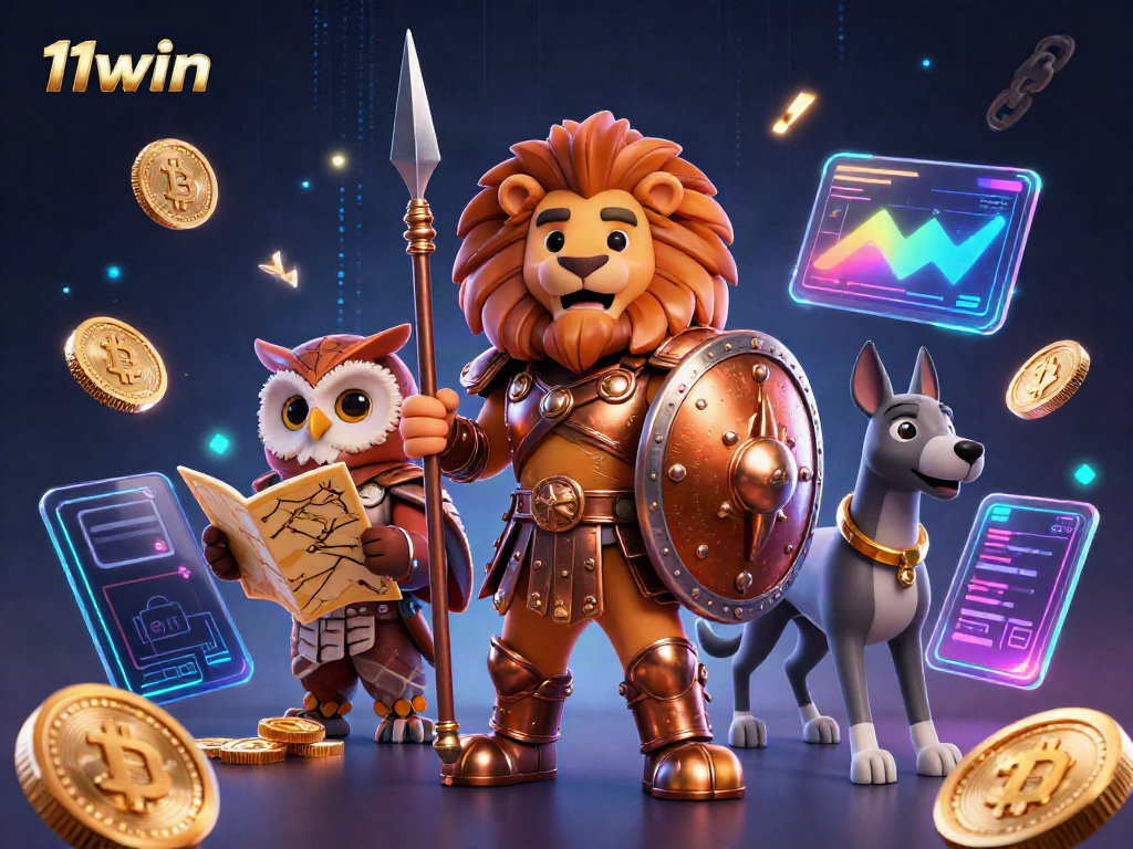 Engage with the exciting world of 11win casino, showcasing a heroic lion, strategic owl, and swift greyhound amidst vivid gambling elements.