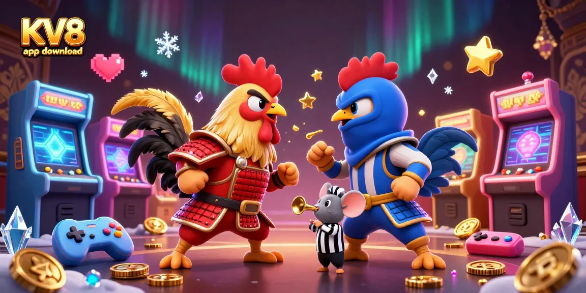 Experience casino gaming excitement with KV8 app download featuring battling roosters and dynamic game elements.