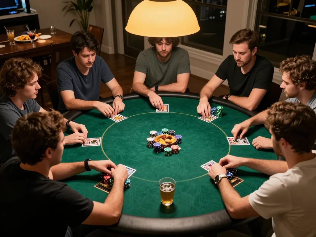 Players strategizing in a lively poker game night with 78wingo, showcasing intensity and camaraderie