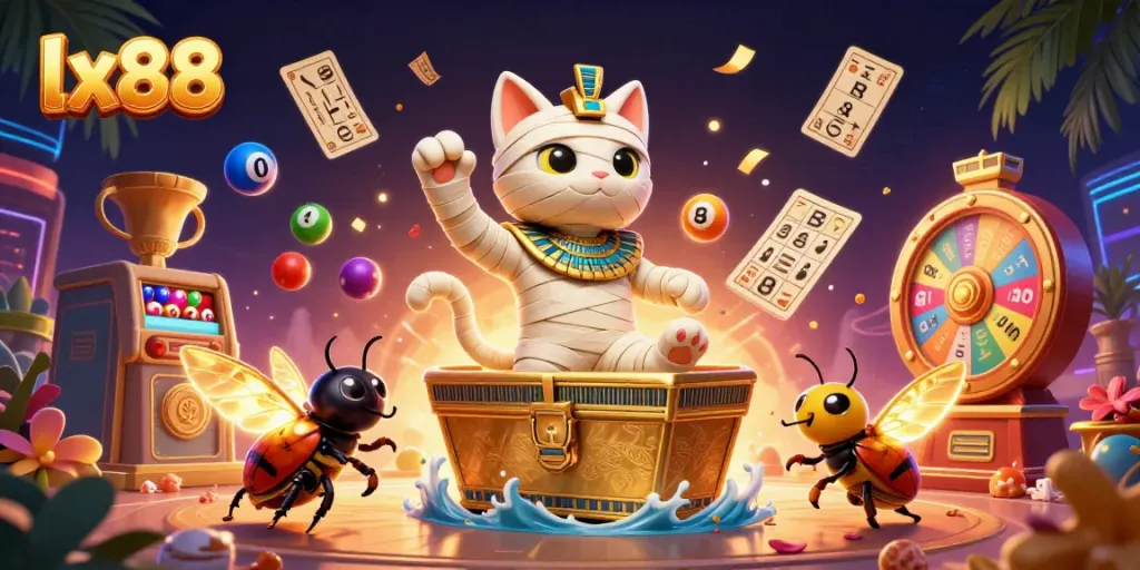 Experience the exciting world of lx88 with a vibrant 3D Egyptian-themed casino scene featuring a mummy cat.