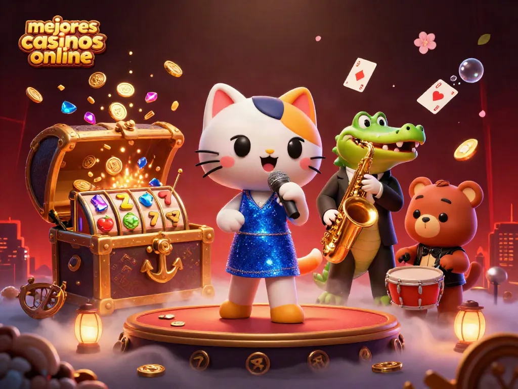 Descubre los mejores casinos online con una vibrante escena de un gato jazzista, un cocodrilo y un oso tocando instrumentos en un mundo de juegos de azar.