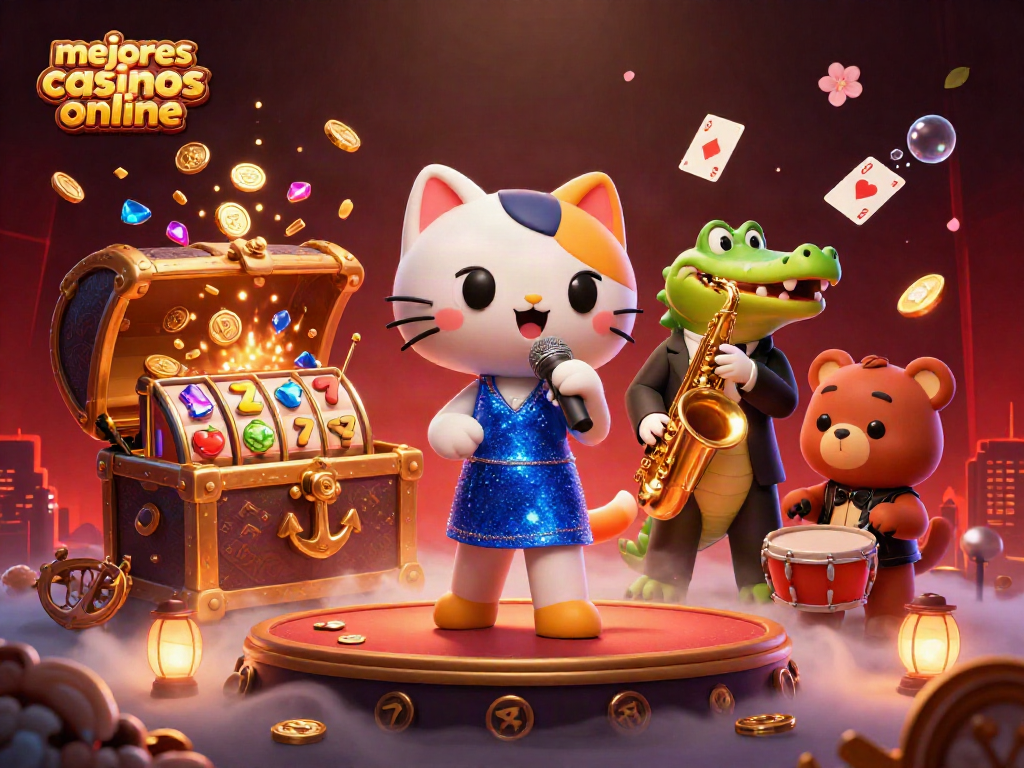 Descubre los mejores casinos online con una vibrante escena de un gato jazzista, un cocodrilo y un oso tocando instrumentos en un mundo de juegos de azar.