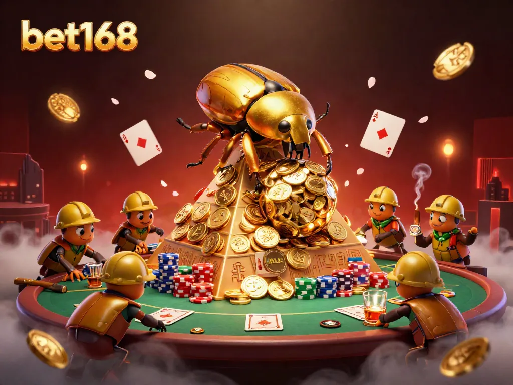 Experience the thrill of bet168 with a massive golden dung beetle rolling coins in a vibrant casino scene.