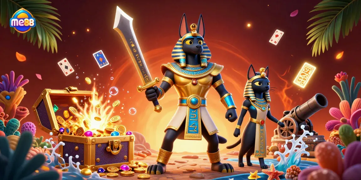 Play thrilling games at me88 with Egyptian themes and underwater treasures in this vibrant scene.