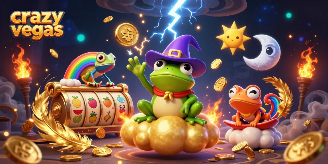 Crazyvegas brings excitement with a colorful scene of magical characters and slot reels surrounded by golden coins.