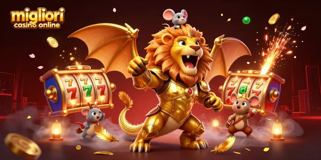 I migliori casino online mostrano una scena affascinante con creature dorate e giochi di slot che brillano di successo.