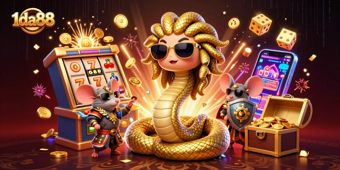 Experience big wins at 1da88 with Medusa and warrior mouse amidst a vibrant slot machine scene.